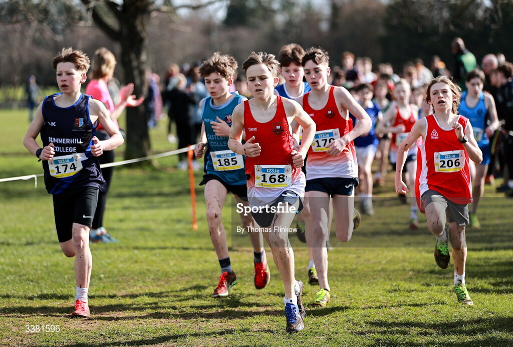 7 March 2026; Daniel Gallagher of St Muredachs College Ballina, Mayo, 168, competes in the minor boys event during the 123.ie All Ireland Schools’ Cross Country Championships at Mallusk Playing Fields in Newtownabbey, Antrim. Photo by Thomas Flinkow/Sportsfile