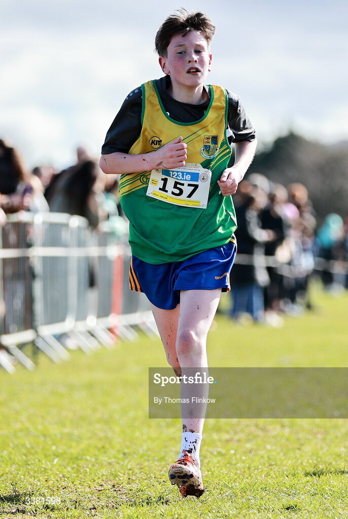 7 March 2026; Brion Cullen of St Clares Comprehensive Manorhamilton, Leitrim, competes in the minor boys event during the 123.ie All Ireland Schools’ Cross Country Championships at Mallusk Playing Fields in Newtownabbey, Antrim. Photo by Thomas Flinkow/Sportsfile