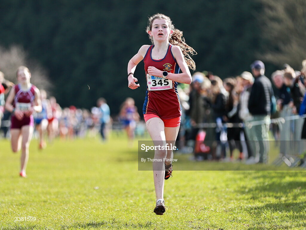 7 March 2026; Ailbhe Finucane of Loreto Stephen's Green, Dublin, competes in the junior girls event during the 123.ie All Ireland Schools’ Cross Country Championships at Mallusk Playing Fields in Newtownabbey, Antrim. Photo by Thomas Flinkow/Sportsfile