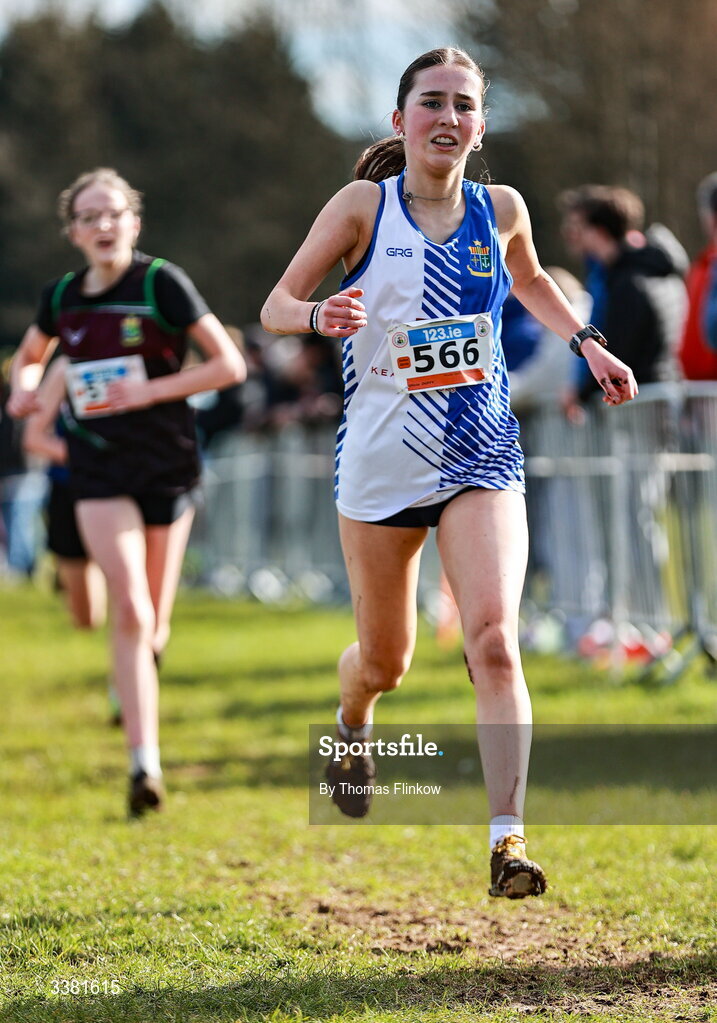 7 March 2026; Olivia Duffy of Mount Saint Michael, Claremorris, Mayo, competes in the inter girls event during the 123.ie All Ireland Schools’ Cross Country Championships at Mallusk Playing Fields in Newtownabbey, Antrim. Photo by Thomas Flinkow/Sportsfile