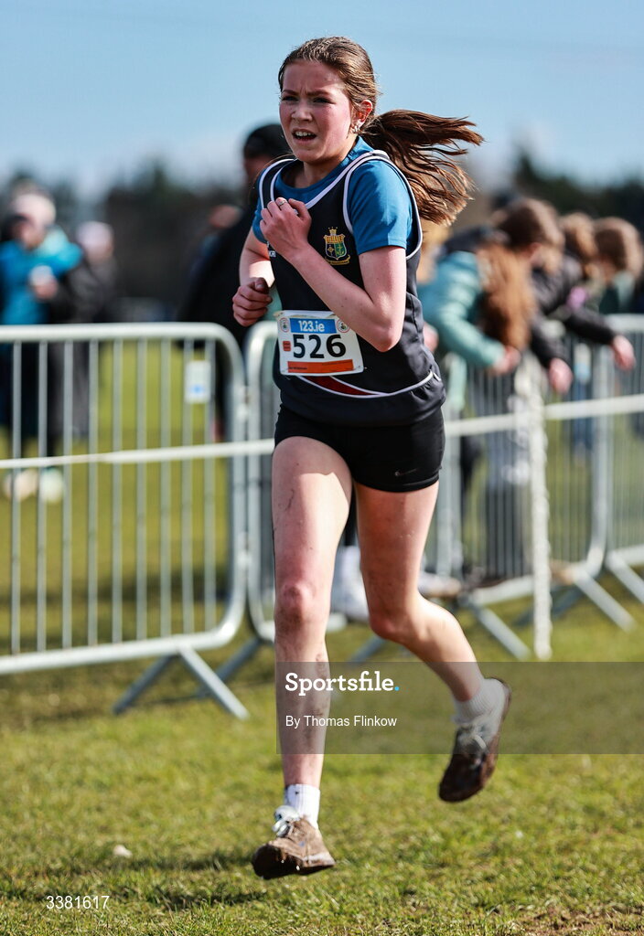 7 March 2026; Abi McGeehan of St Columbas Stranorlar, Donegal, competes in the inter girls event during the 123.ie All Ireland Schools’ Cross Country Championships at Mallusk Playing Fields in Newtownabbey, Antrim. Photo by Thomas Flinkow/Sportsfile