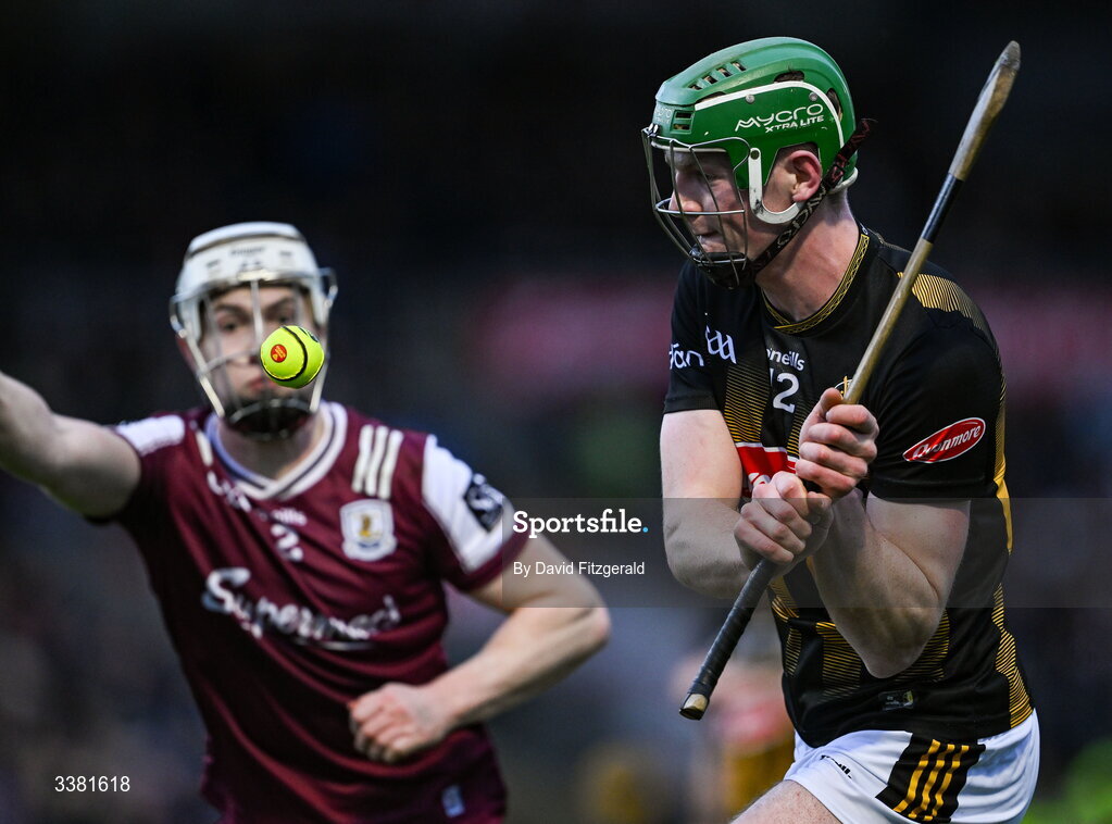 7 March 2026; Luke Connellan of Kilkenny in action against Joshua Ryan of Galway during the Allianz Hurling League Division 1A match between Galway and Kilkenny at Pearse Stadium in Galway. Photo by David Fitzgerald/Sportsfile