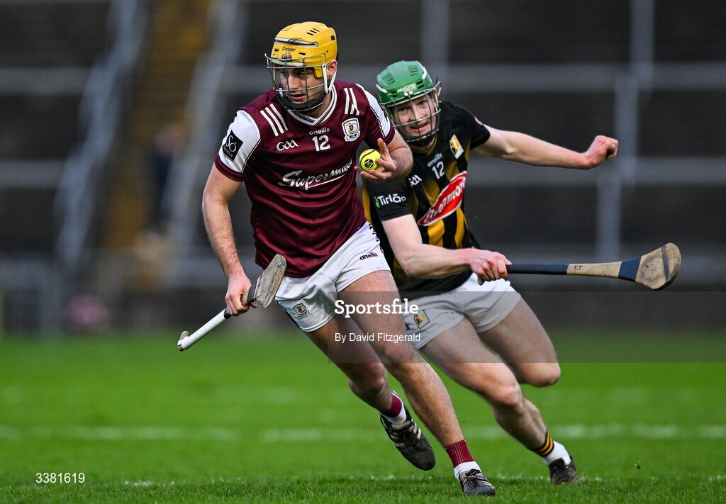 7 March 2026; Tiernan Killeen of Galway in action against Luke Connellan of Kilkenny during the Allianz Hurling League Division 1A match between Galway and Kilkenny at Pearse Stadium in Galway. Photo by David Fitzgerald/Sportsfile