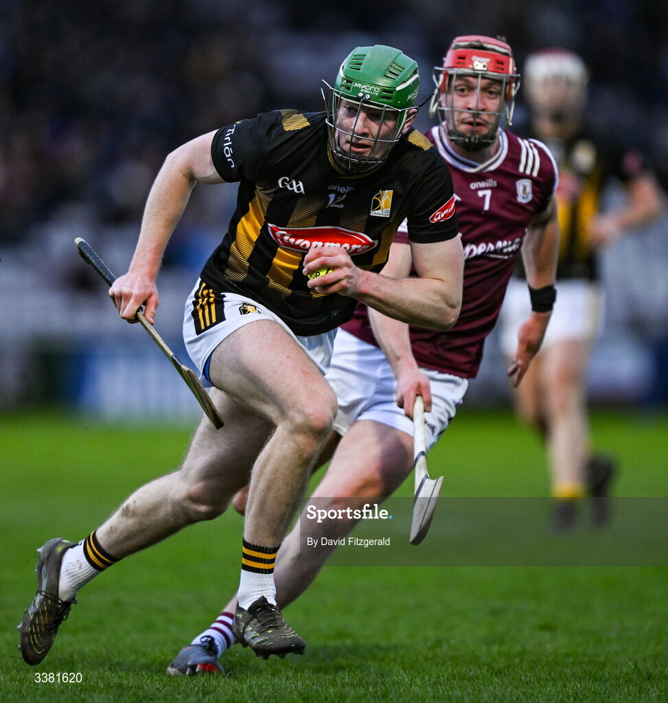 7 March 2026; Luke Connellan of Kilkenny in action against Ronan Glennon of Galway during the Allianz Hurling League Division 1A match between Galway and Kilkenny at Pearse Stadium in Galway. Photo by David Fitzgerald/Sportsfile