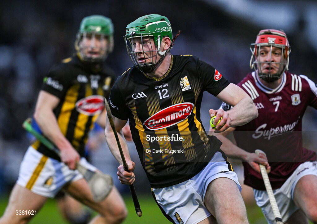 7 March 2026; Luke Connellan of Kilkenny in action against Ronan Glennon of Galway during the Allianz Hurling League Division 1A match between Galway and Kilkenny at Pearse Stadium in Galway. Photo by David Fitzgerald/Sportsfile