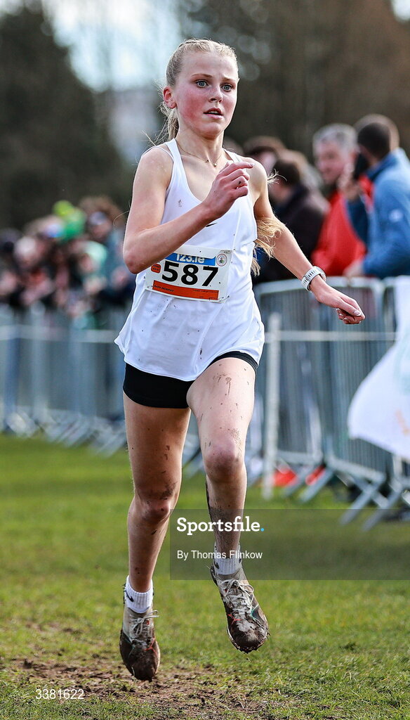7 March 2026; Aoife Murphy of Loreto College Foxrock, Dublin, competes in the inter girls event during the 123.ie All Ireland Schools’ Cross Country Championships at Mallusk Playing Fields in Newtownabbey, Antrim. Photo by Thomas Flinkow/Sportsfile