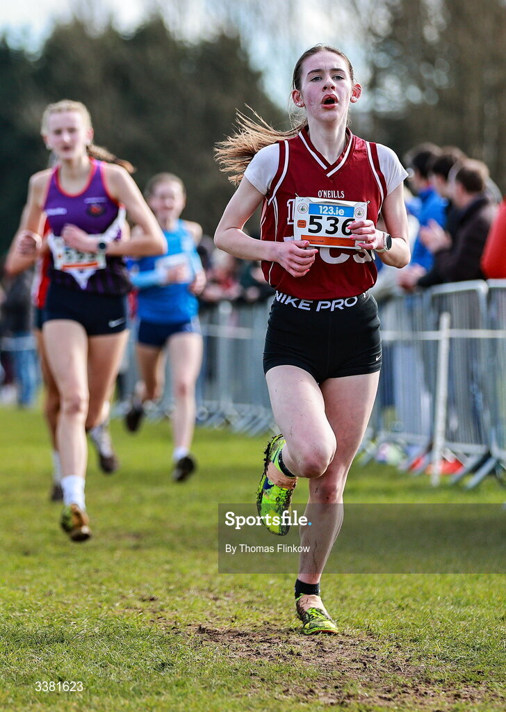 7 March 2026; Lucy O'Sullivan of Millstreet Community School, Cork, competes in the inter girls event during the 123.ie All Ireland Schools’ Cross Country Championships at Mallusk Playing Fields in Newtownabbey, Antrim. Photo by Thomas Flinkow/Sportsfile