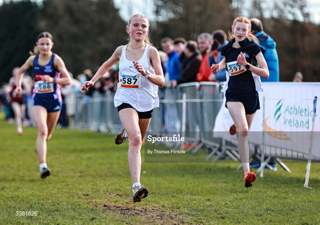 7 March 2026; Aoife Murphy of Loreto College Foxrock, Dublin, competes in the inter girls event during the 123.ie All Ireland Schools’ Cross Country Championships at Mallusk Playing Fields in Newtownabbey, Antrim. Photo by Thomas Flinkow/Sportsfile