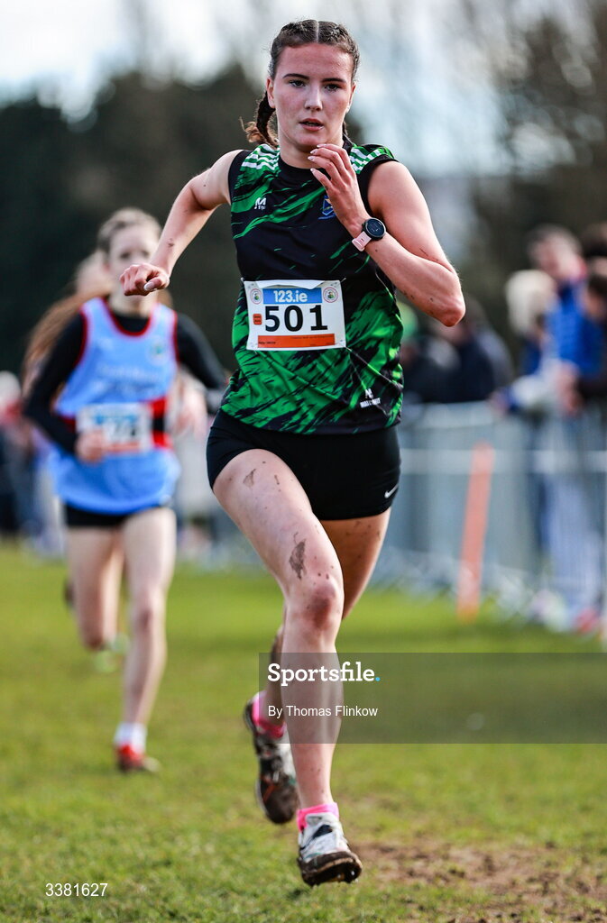 7 March 2026; Abby Smith of Colaiste Dun an Ri Kingscourt, Cavan, competes in the inter girls event during the 123.ie All Ireland Schools’ Cross Country Championships at Mallusk Playing Fields in Newtownabbey, Antrim. Photo by Thomas Flinkow/Sportsfile