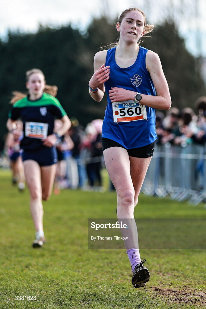 7 March 2026; Lucy Cawley of Mercy College Sligo, competes in the inter girls event during the 123.ie All Ireland Schools’ Cross Country Championships at Mallusk Playing Fields in Newtownabbey, Antrim. Photo by Thomas Flinkow/Sportsfile