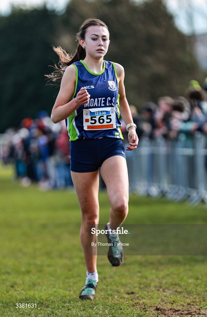 7 March 2026; Ally Duffy of Moate Community School, Westmeath, competes in the inter girls event during the 123.ie All Ireland Schools’ Cross Country Championships at Mallusk Playing Fields in Newtownabbey, Antrim. Photo by Thomas Flinkow/Sportsfile