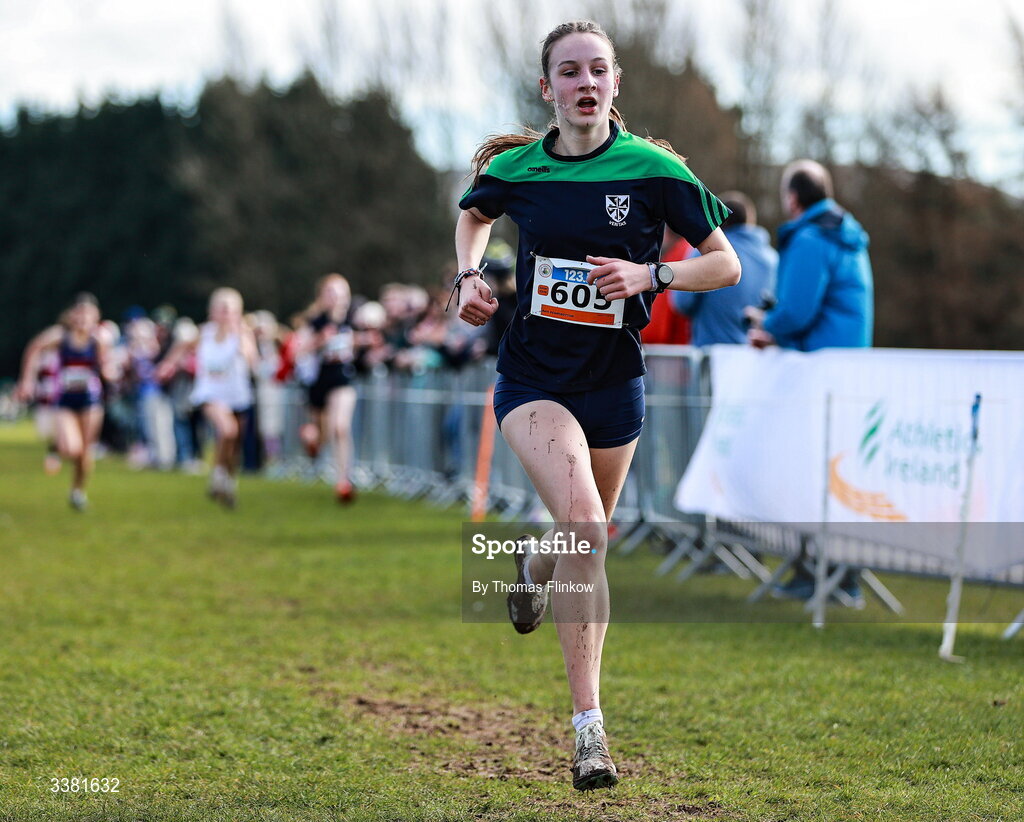 7 March 2026; Beth Reamsbottom of Santa Sabina, Dublin, competes in the inter girls event during the 123.ie All Ireland Schools’ Cross Country Championships at Mallusk Playing Fields in Newtownabbey, Antrim. Photo by Thomas Flinkow/Sportsfile
