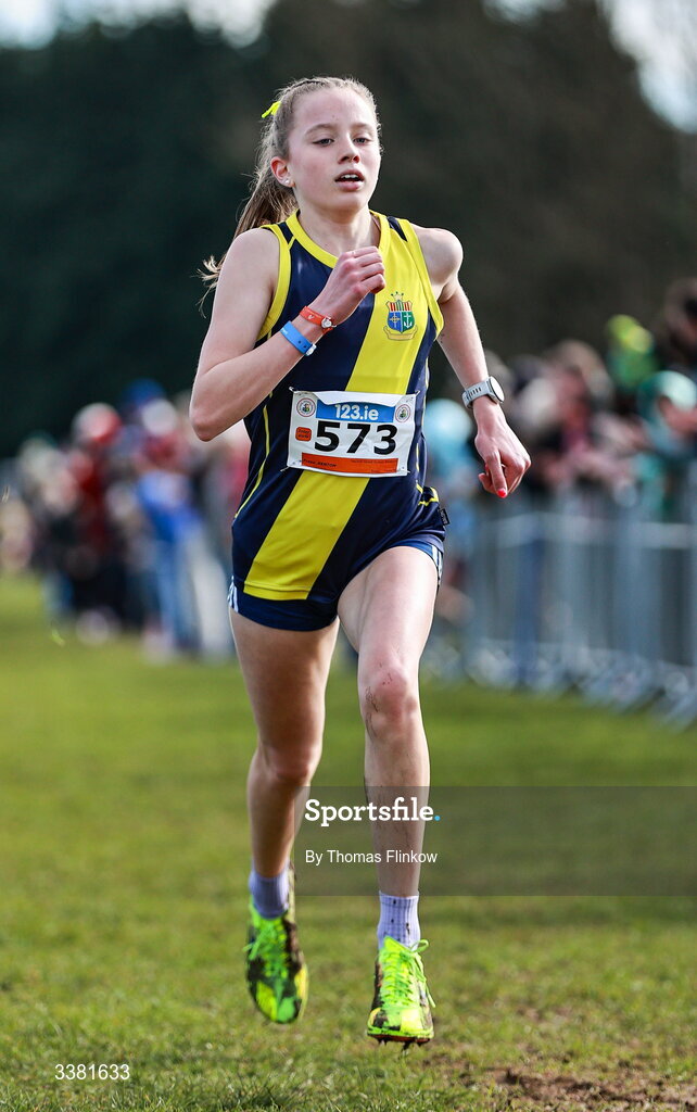 7 March 2026; Freya Renton of Sacred Heart School Westport, Mayo, competes in the inter girls event during the 123.ie All Ireland Schools’ Cross Country Championships at Mallusk Playing Fields in Newtownabbey, Antrim. Photo by Thomas Flinkow/Sportsfile