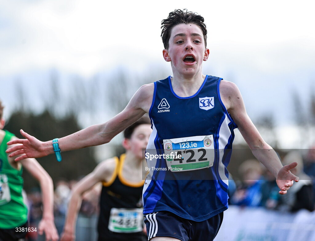 7 March 2026; Dónal Coyle of Seamount College Kinvara, Galway, reacts after winning the junior boys event during the 123.ie All Ireland Schools’ Cross Country Championships at Mallusk Playing Fields in Newtownabbey, Antrim. Photo by Thomas Flinkow/Sportsfile