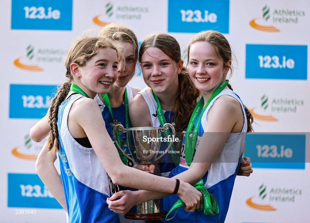 7 March 2026; Athletes of St Josephs Castlebar, Mayo, celebrate after the 123.ie All Ireland Schools’ Cross Country Championships at Mallusk Playing Fields in Newtownabbey, Antrim. Photo by Thomas Flinkow/Sportsfile