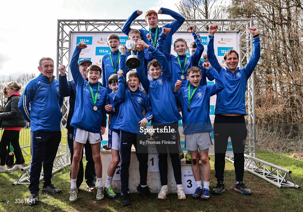 7 March 2026; Athletes of St Colmans Newry, Antrim, celebrate after the 123.ie All Ireland Schools’ Cross Country Championships at Mallusk Playing Fields in Newtownabbey, Antrim. Photo by Thomas Flinkow/Sportsfile