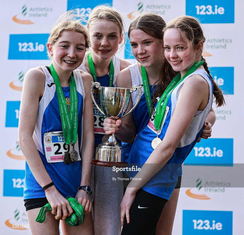 7 March 2026; Athletes of St Josephs Castlebar, Mayo, celebrate after the 123.ie All Ireland Schools’ Cross Country Championships at Mallusk Playing Fields in Newtownabbey, Antrim. Photo by Thomas Flinkow/Sportsfile