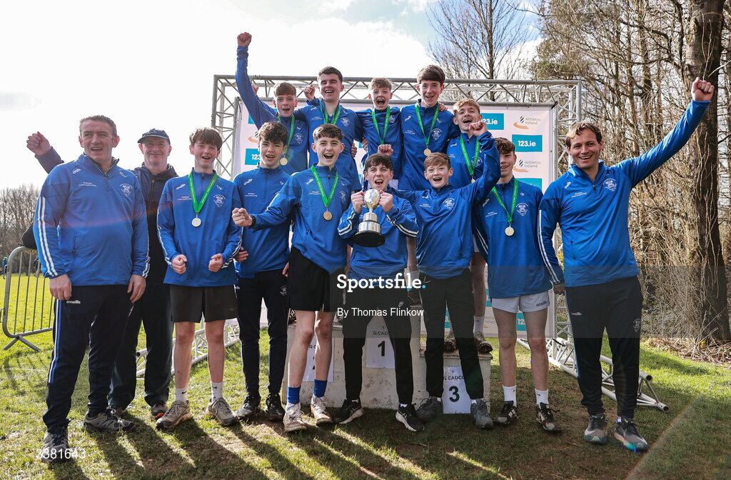 7 March 2026; Athletes of St Colman's, Newry, celebrate after the 123.ie All Ireland Schools’ Cross Country Championships at Mallusk Playing Fields in Newtownabbey, Antrim. Photo by Thomas Flinkow/Sportsfile