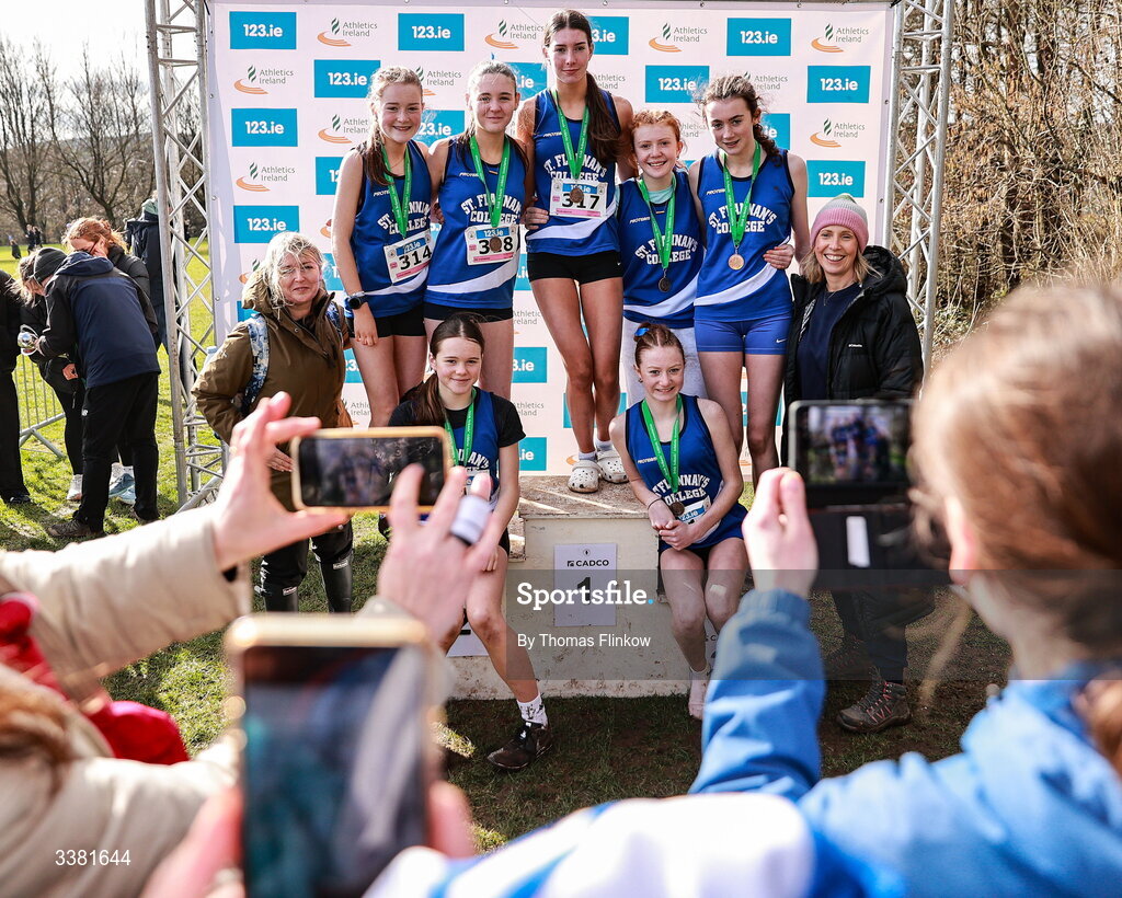 7 March 2026; Athletes of St Flannans Ennis, Clare, have their photo taken after the 123.ie All Ireland Schools’ Cross Country Championships at Mallusk Playing Fields in Newtownabbey, Antrim. Photo by Thomas Flinkow/Sportsfile