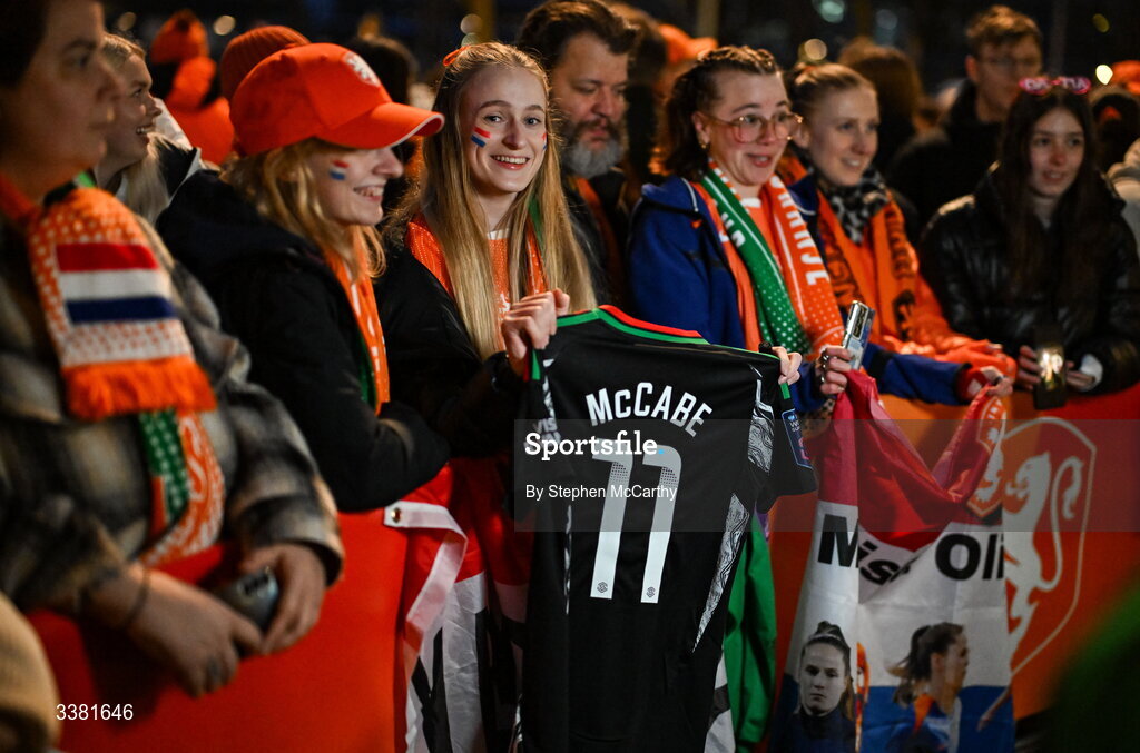 7 March 2026; Supporters await for the arrival of the Republic of Ireland players before the 2027 FIFA Women’s World Cup Qualifier match between the Netherlands and Republic of Ireland at Stadion Galgenwaard in Utrecht, Netherlands. Photo by Stephen McCarthy/Sportsfile Photo by Stephen McCarthy/Sportsfile