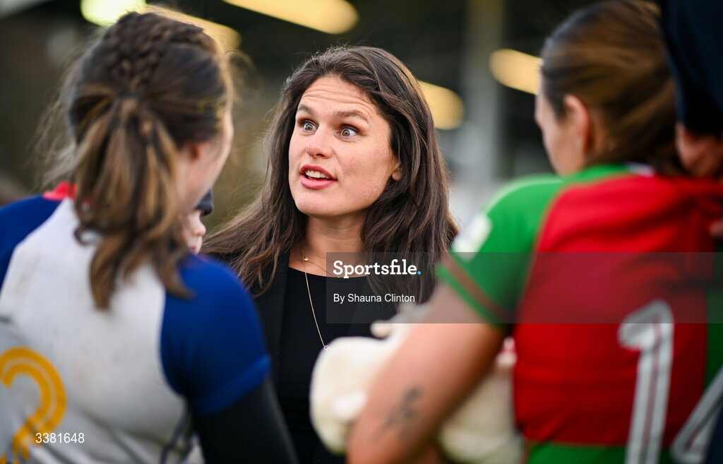 7 March 2026; American and Bristol Bears rugby player Ilona Maher, centre, with Eve Higgins of Wolfhounds, left, and Anna McGann of Clovers after the Celtic Challenge Round 10 match between Wolfhounds and Clovers at Belfield Bowl in Dublin. Photo by Shauna Clinton/Sportsfile