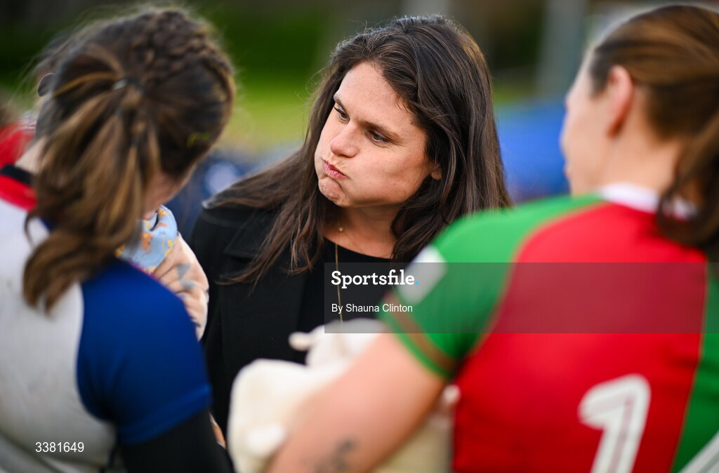 7 March 2026; American and Bristol Bears rugby player Ilona Maher, centre, with Eve Higgins of Wolfhounds, left, and Anna McGann of Clovers after the Celtic Challenge Round 10 match between Wolfhounds and Clovers at Belfield Bowl in Dublin. Photo by Shauna Clinton/Sportsfile