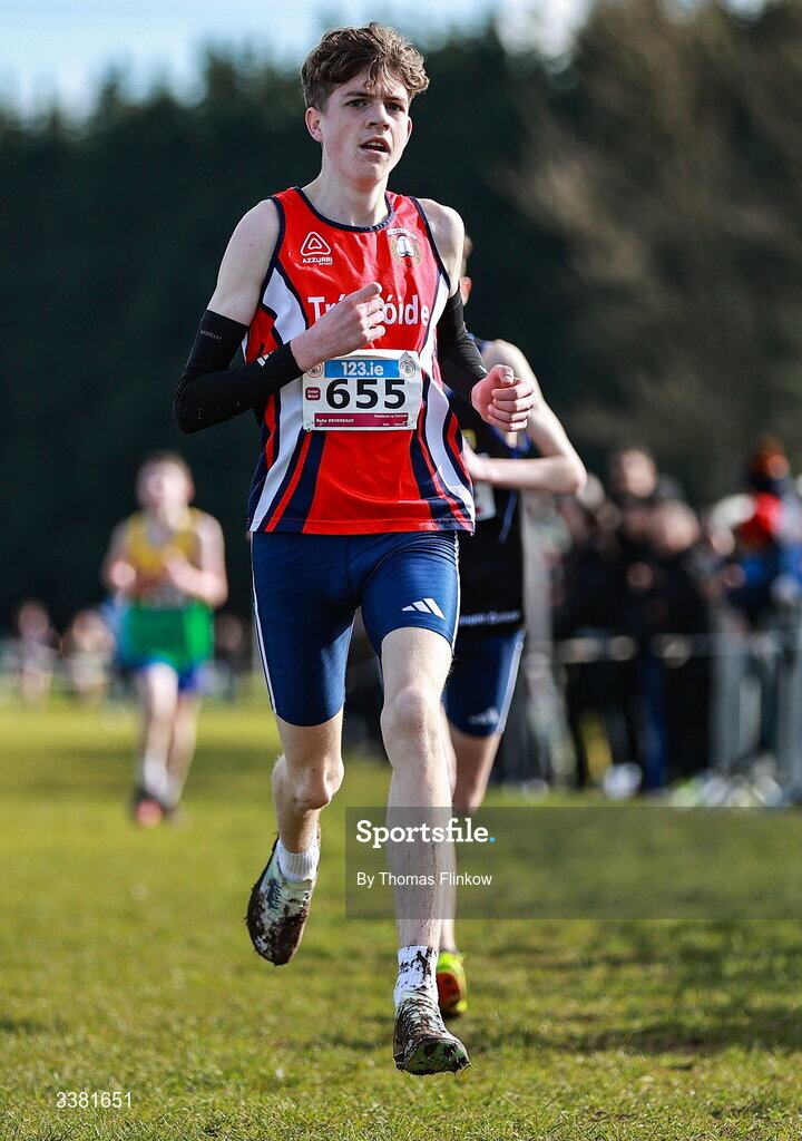 7 March 2026; Ruby Devereaux of Pobalscoil na Trionoide, Cork, competes in the inter boys event during the 123.ie All Ireland Schools’ Cross Country Championships at Mallusk Playing Fields in Newtownabbey, Antrim. Photo by Thomas Flinkow/Sportsfile