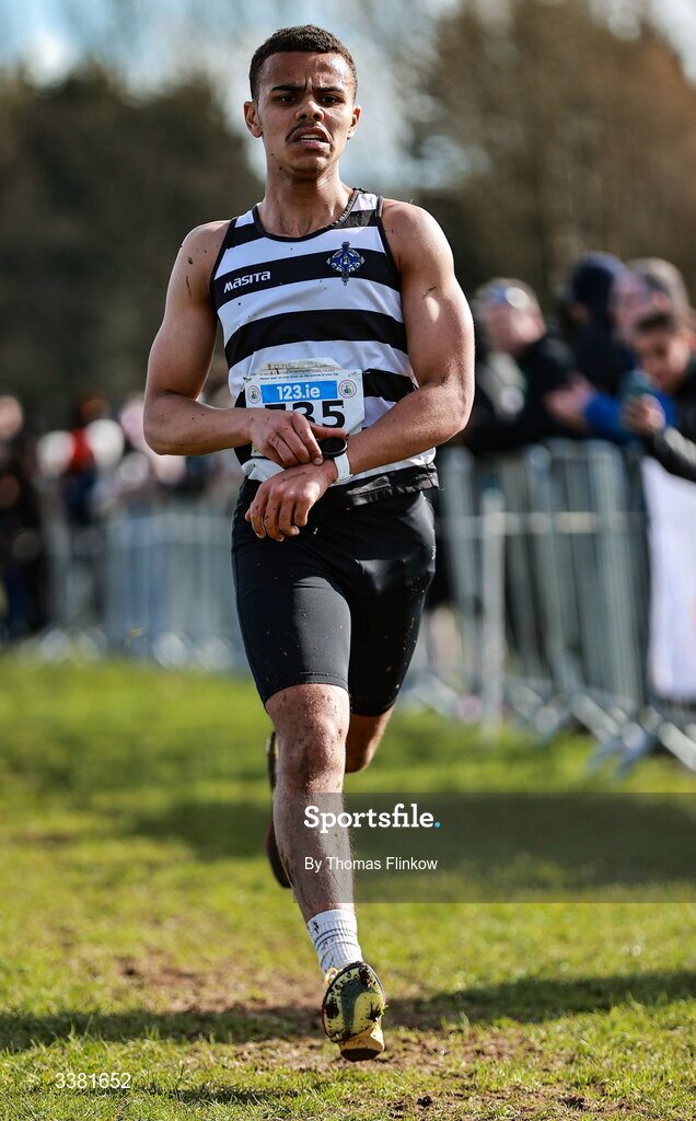 7 March 2026; Kyrell Mtinsi of St. Kieran's Kilkenny competes in the inter boys event during the 123.ie All Ireland Schools’ Cross Country Championships at Mallusk Playing Fields in Newtownabbey, Antrim. Photo by Thomas Flinkow/Sportsfile