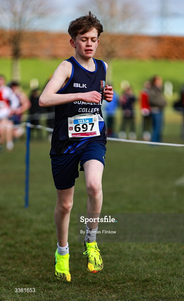 7 March 2026; Ronnie Bailey of Summerhill College Sligo, competes in the inter boys event during the 123.ie All Ireland Schools’ Cross Country Championships at Mallusk Playing Fields in Newtownabbey, Antrim. Photo by Thomas Flinkow/Sportsfile