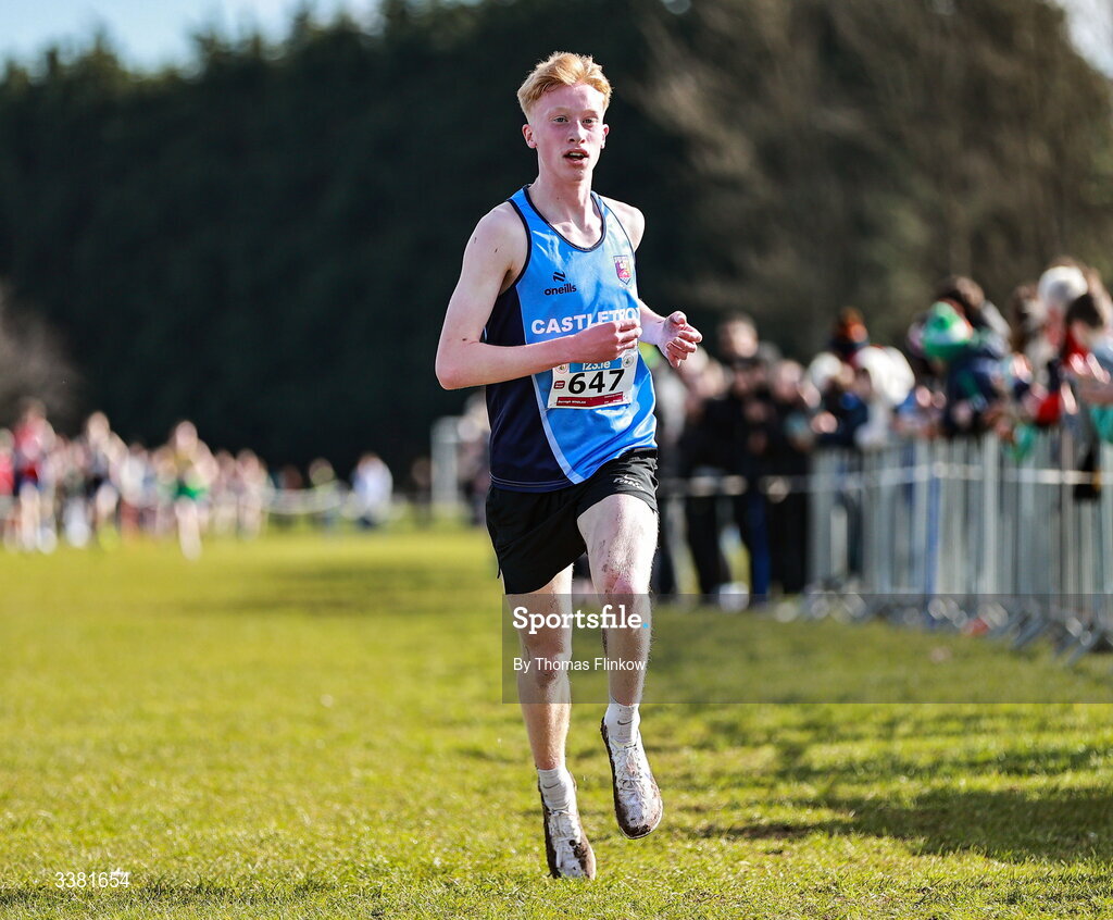 7 March 2026; Darragh Whelan of Castletroy College, Limerick, competes in the inter boys event during the 123.ie All Ireland Schools’ Cross Country Championships at Mallusk Playing Fields in Newtownabbey, Antrim. Photo by Thomas Flinkow/Sportsfile