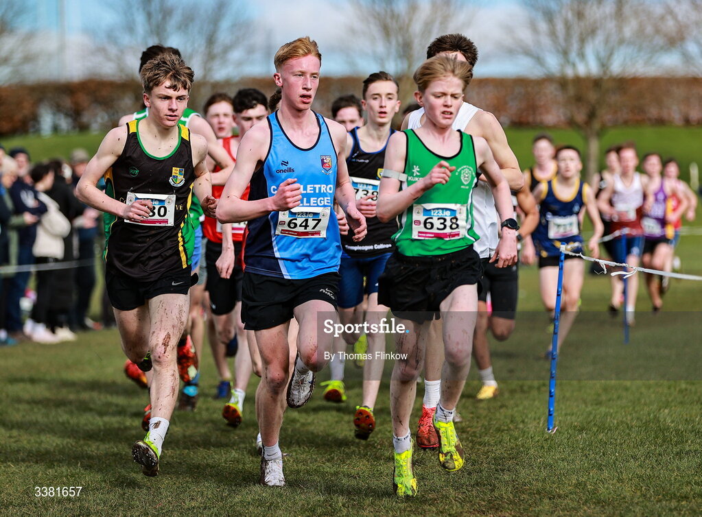 7 March 2026; Darragh Whelan of Castletroy College, Limerick, competes in the inter boys event during the 123.ie All Ireland Schools’ Cross Country Championships at Mallusk Playing Fields in Newtownabbey, Antrim. Photo by Thomas Flinkow/Sportsfile