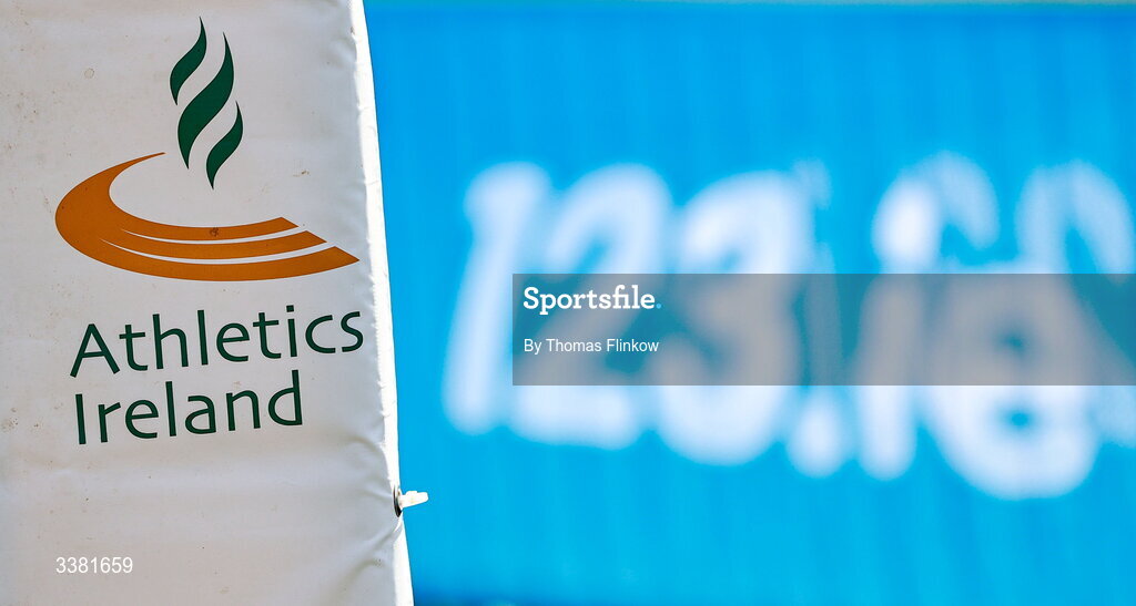 7 March 2026; A general view of branding during the 123.ie All Ireland Schools’ Cross Country Championships at Mallusk Playing Fields in Newtownabbey, Antrim. Photo by Thomas Flinkow/Sportsfile
