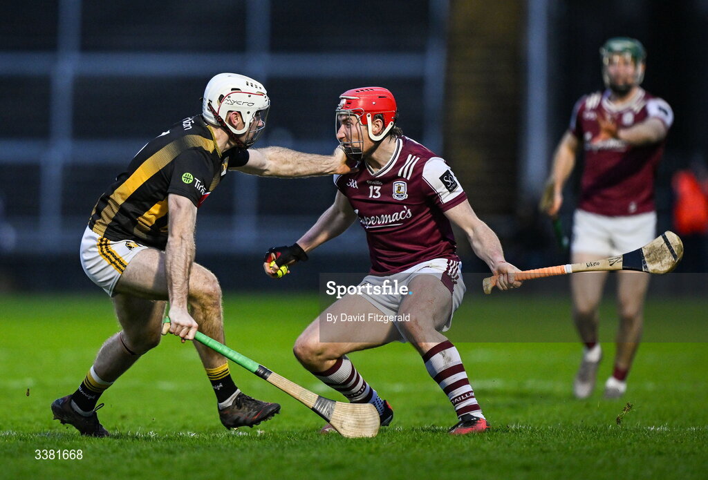 7 March 2026; Conor Whelan of Galway in action against David Blanchfield of Kilkenny during the Allianz Hurling League Division 1A match between Galway and Kilkenny at Pearse Stadium in Galway. Photo by David Fitzgerald/Sportsfile