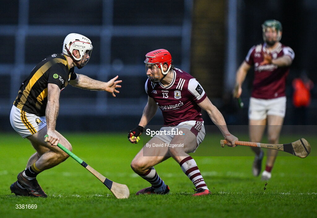 7 March 2026; Conor Whelan of Galway in action against David Blanchfield of Kilkenny during the Allianz Hurling League Division 1A match between Galway and Kilkenny at Pearse Stadium in Galway. Photo by David Fitzgerald/Sportsfile