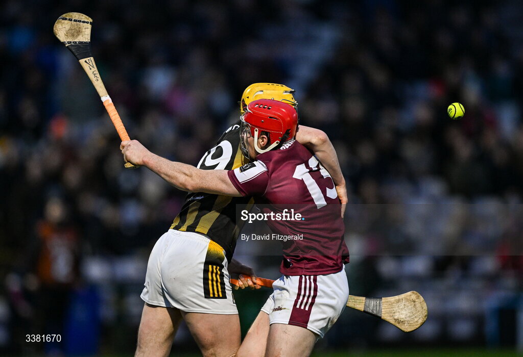 7 March 2026; Killian Doyle of Kilkenny in action against Conor Whelan of Galway during the Allianz Hurling League Division 1A match between Galway and Kilkenny at Pearse Stadium in Galway. Photo by David Fitzgerald/Sportsfile