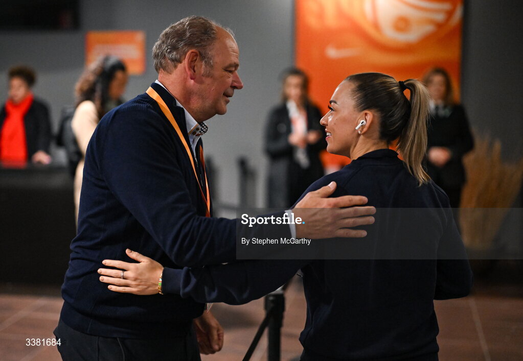 7 March 2026; Katie McCabe of Republic of Ireland is greeted by former Republic of Ireland women's goalkeeping coach Jan Willem van Ede before the 2027 FIFA Women’s World Cup Qualifier match between the Netherlands and Republic of Ireland at Stadion Galgenwaard in Utrecht, Netherlands. Photo by Stephen McCarthy/Sportsfile