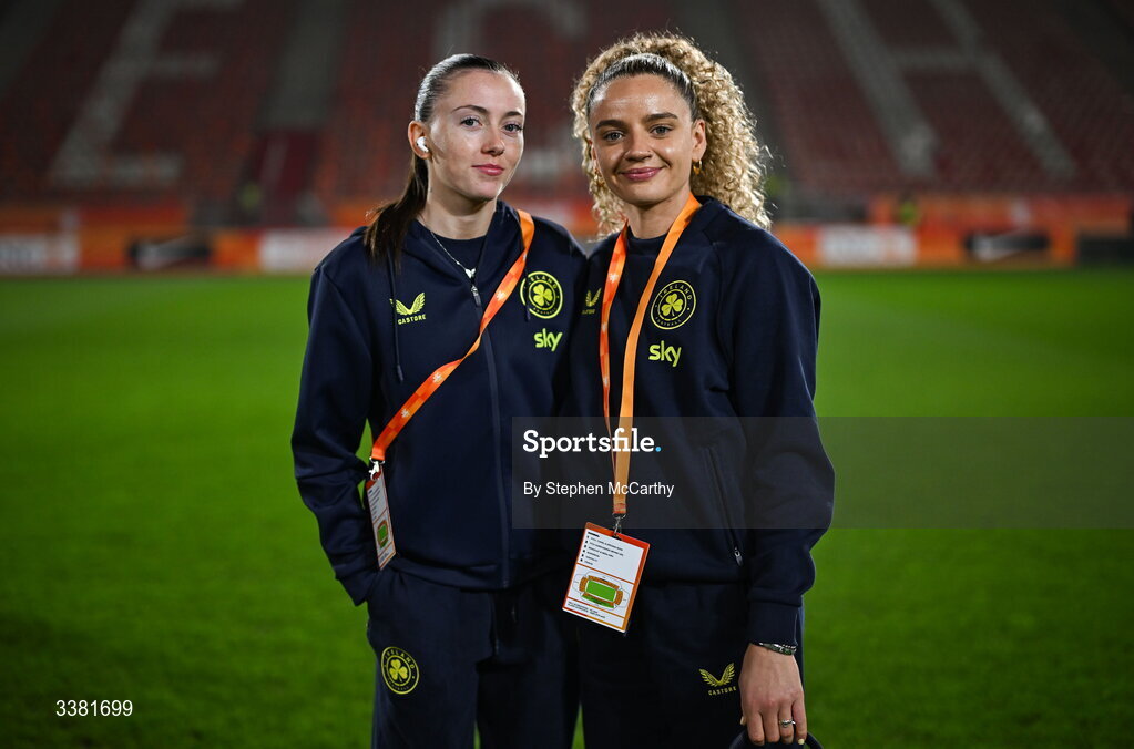 7 March 2026; Abbie Larkin, left, and Leanne Kiernan of Republic of Ireland before the 2027 FIFA Women’s World Cup Qualifier match between the Netherlands and Republic of Ireland at Stadion Galgenwaard in Utrecht, Netherlands. Photo by Stephen McCarthy/Sportsfile