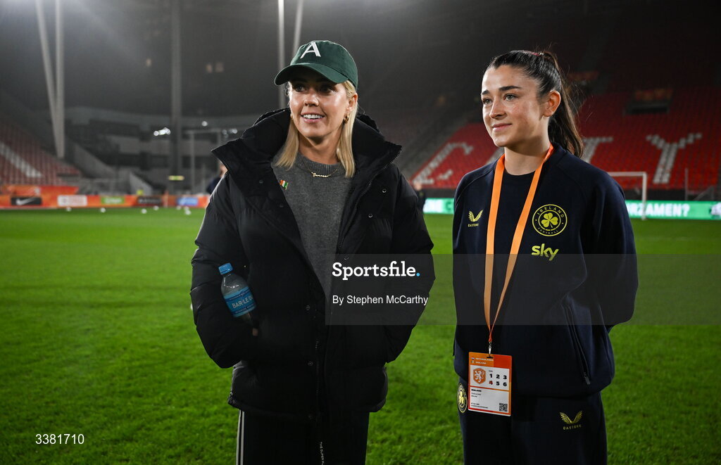 7 March 2026; Denise O’Sullivan, left, and Marissa Sheva of Republic of Ireland before the 2027 FIFA Women’s World Cup Qualifier match between the Netherlands and Republic of Ireland at Stadion Galgenwaard in Utrecht, Netherlands. Photo by Stephen McCarthy/Sportsfile