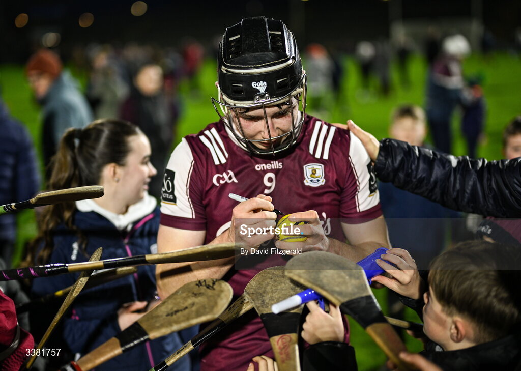 7 March 2026; Cian Daniels of Galway signs autographs after the Allianz Hurling League Division 1A match between Galway and Kilkenny at Pearse Stadium in Galway. Photo by David Fitzgerald/Sportsfile