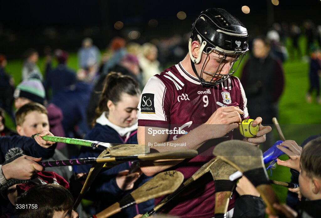 7 March 2026; Cian Daniels of Galway signs autographs after the Allianz Hurling League Division 1A match between Galway and Kilkenny at Pearse Stadium in Galway. Photo by David Fitzgerald/Sportsfile