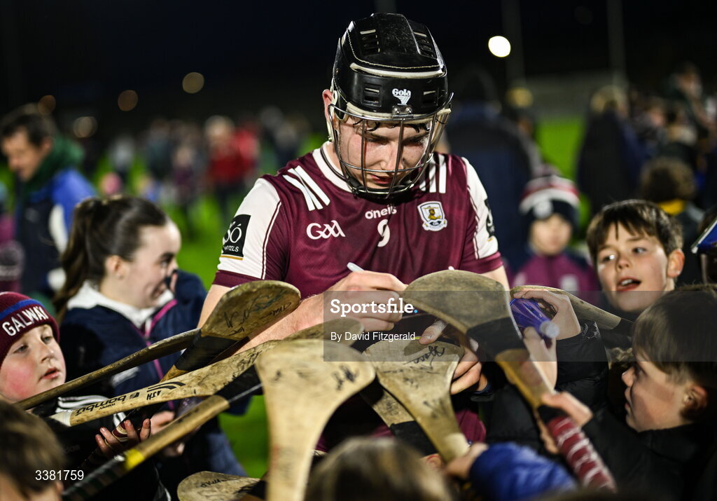 7 March 2026; Cian Daniels of Galway signs autographs after the Allianz Hurling League Division 1A match between Galway and Kilkenny at Pearse Stadium in Galway. Photo by David Fitzgerald/Sportsfile