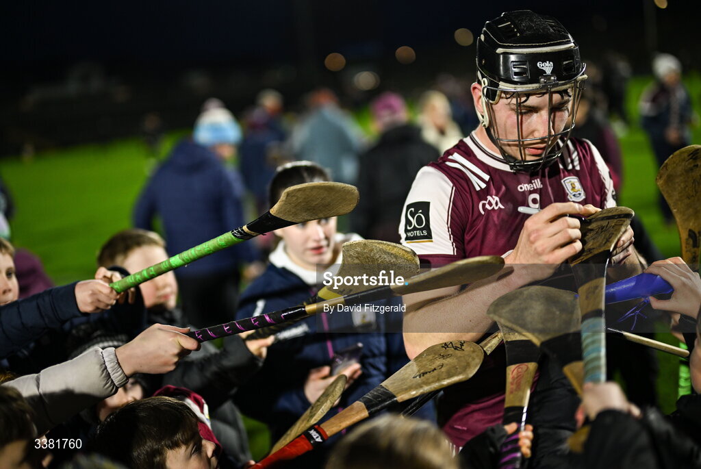 7 March 2026; Cian Daniels of Galway signs autographs after the Allianz Hurling League Division 1A match between Galway and Kilkenny at Pearse Stadium in Galway. Photo by David Fitzgerald/Sportsfile