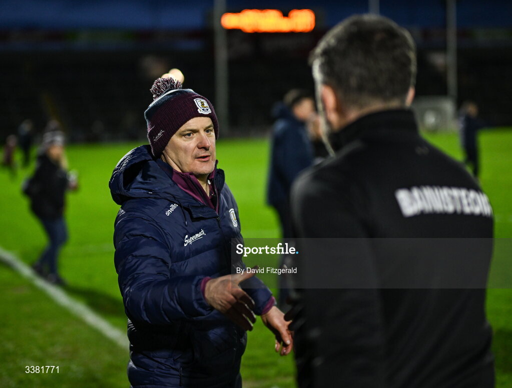 7 March 2026; Galway manager Micheál Donoghue and Kilkenny manager Derek Lyng after the Allianz Hurling League Division 1A match between Galway and Kilkenny at Pearse Stadium in Galway. Photo by David Fitzgerald/Sportsfile