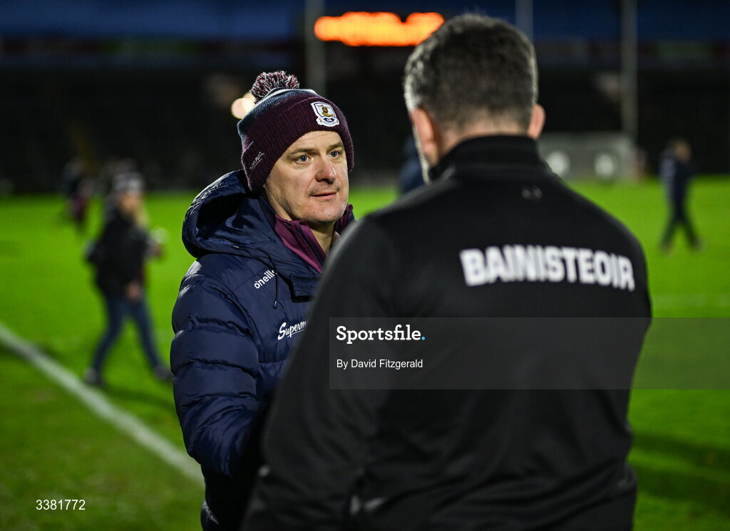 7 March 2026; Galway manager Micheál Donoghue and Kilkenny manager Derek Lyng after the Allianz Hurling League Division 1A match between Galway and Kilkenny at Pearse Stadium in Galway. Photo by David Fitzgerald/Sportsfile