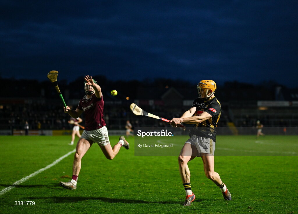 7 March 2026; Richie Reid of Kilkenny in action against Cathal Mannion of Galway during the Allianz Hurling League Division 1A match between Galway and Kilkenny at Pearse Stadium in Galway. Photo by David Fitzgerald/Sportsfile