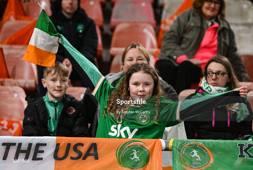 7 March 2026; Republic of Ireland supporters before the 2027 FIFA Women’s World Cup Qualifier match between the Netherlands and Republic of Ireland at Stadion Galgenwaard in Utrecht, Netherlands. Photo by Stephen McCarthy/Sportsfile