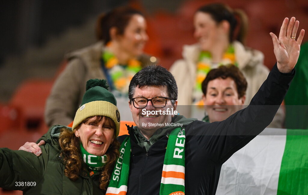 7 March 2026; Republic of Ireland supporters before the 2027 FIFA Women’s World Cup Qualifier match between the Netherlands and Republic of Ireland at Stadion Galgenwaard in Utrecht, Netherlands. Photo by Stephen McCarthy/Sportsfile
