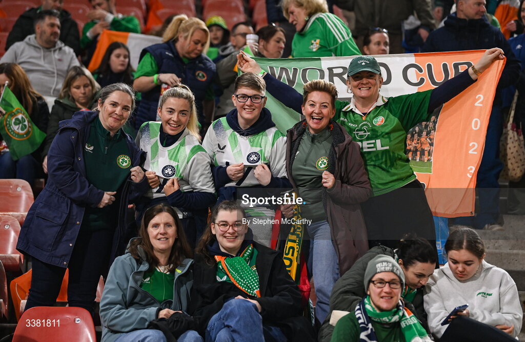 7 March 2026; Republic of Ireland supporters before the 2027 FIFA Women’s World Cup Qualifier match between the Netherlands and Republic of Ireland at Stadion Galgenwaard in Utrecht, Netherlands. Photo by Stephen McCarthy/Sportsfile