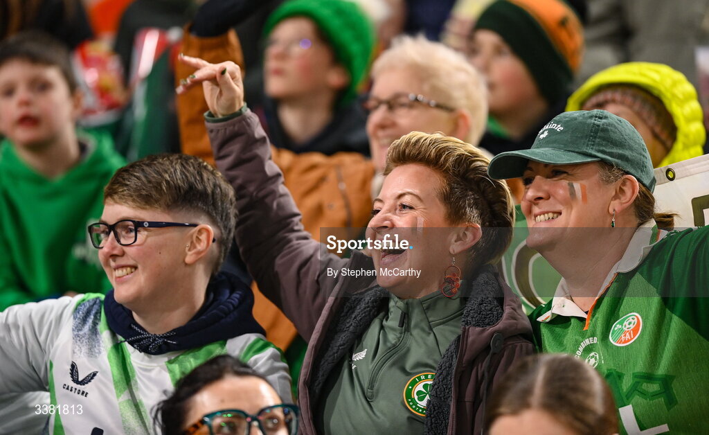 7 March 2026; Republic of Ireland supporters before the 2027 FIFA Women’s World Cup Qualifier match between the Netherlands and Republic of Ireland at Stadion Galgenwaard in Utrecht, Netherlands. Photo by Stephen McCarthy/Sportsfile