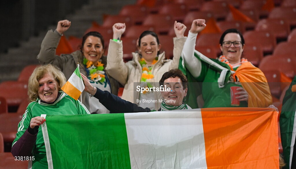 7 March 2026; Republic of Ireland supporters before the 2027 FIFA Women’s World Cup Qualifier match between the Netherlands and Republic of Ireland at Stadion Galgenwaard in Utrecht, Netherlands. Photo by Stephen McCarthy/Sportsfile